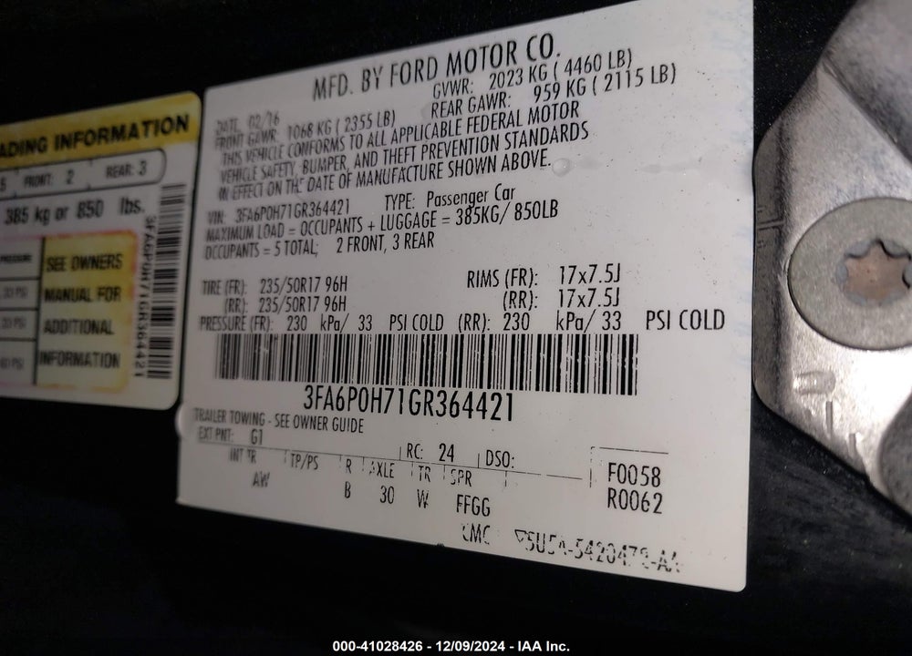 2016 FORD FUSION SE VIN: 3FA6P0H71GR364421
