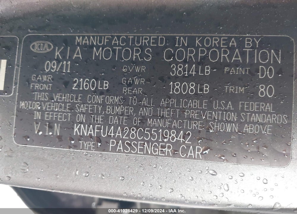 2012 KIA FORTE VIN: KNAFU4A28C5519842