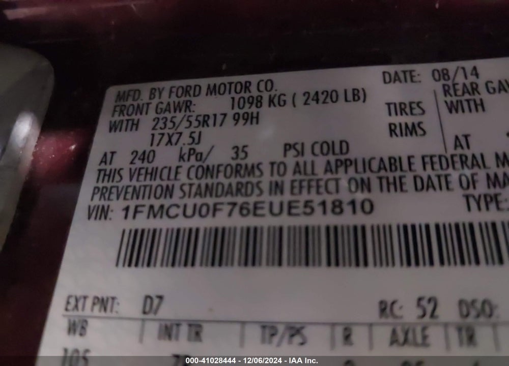 2014 FORD ESCAPE S VIN: 1FMCU0F76EUE51810