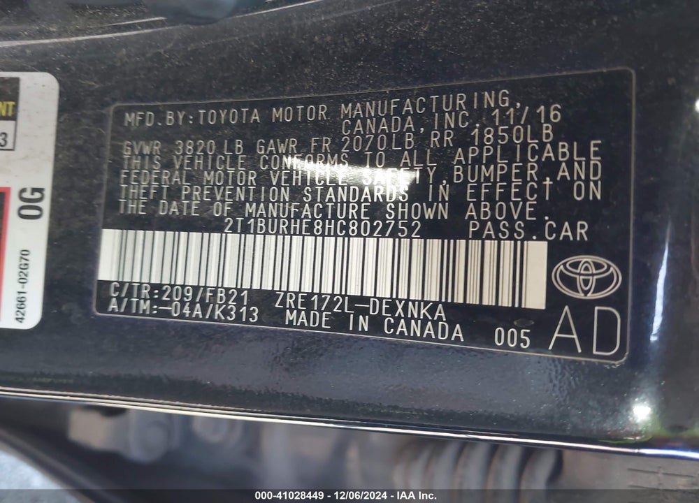 2017 TOYOTA COROLLA VIN: 2T1BURHE8HC802752