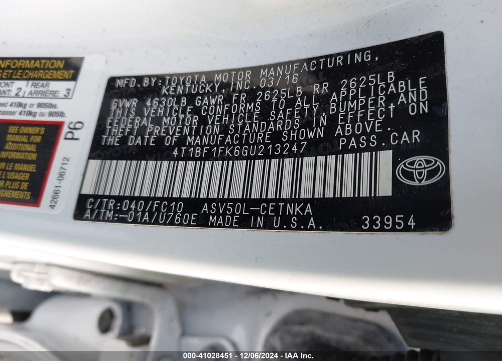 2016 TOYOTA CAMRY LE VIN: 4T1BF1FK6GU213247