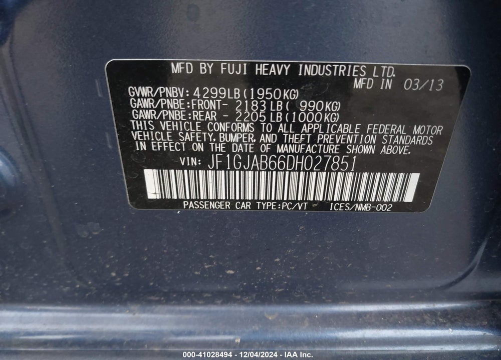 2013 SUBARU IMPREZA 2.0I PREMIUM VIN: JF1GJAB66DH027851