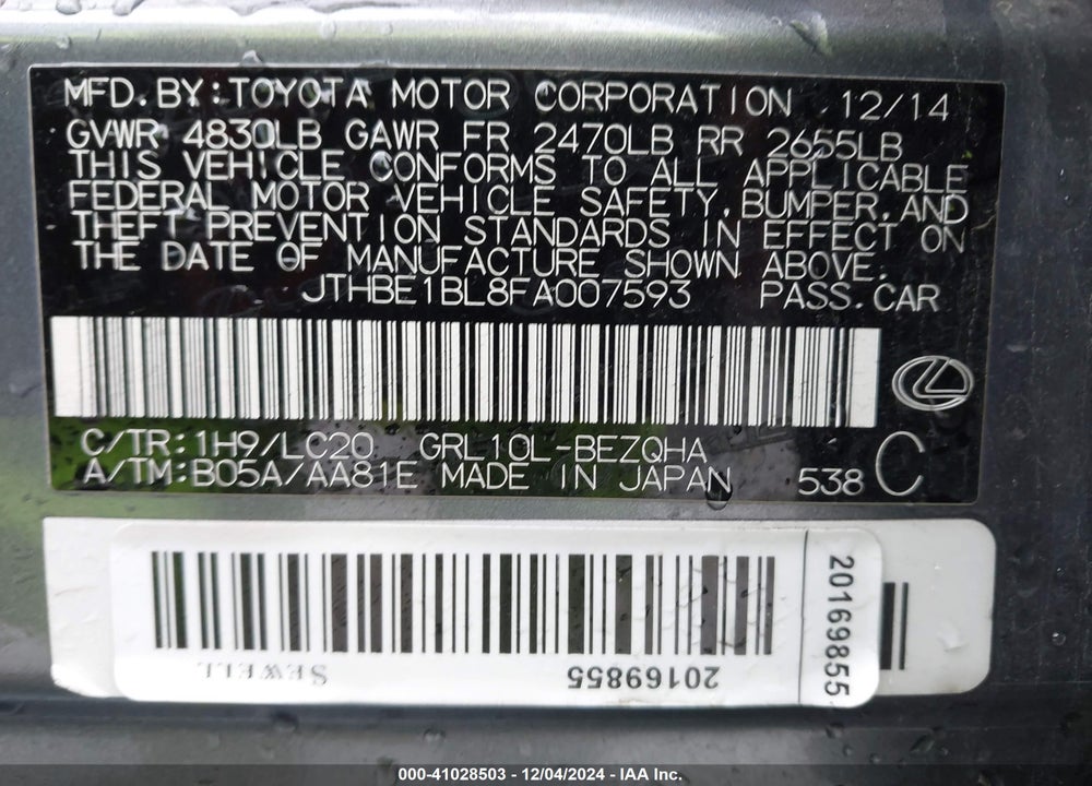 2015 LEXUS GS 350 VIN: JTHBE1BL8FA007593