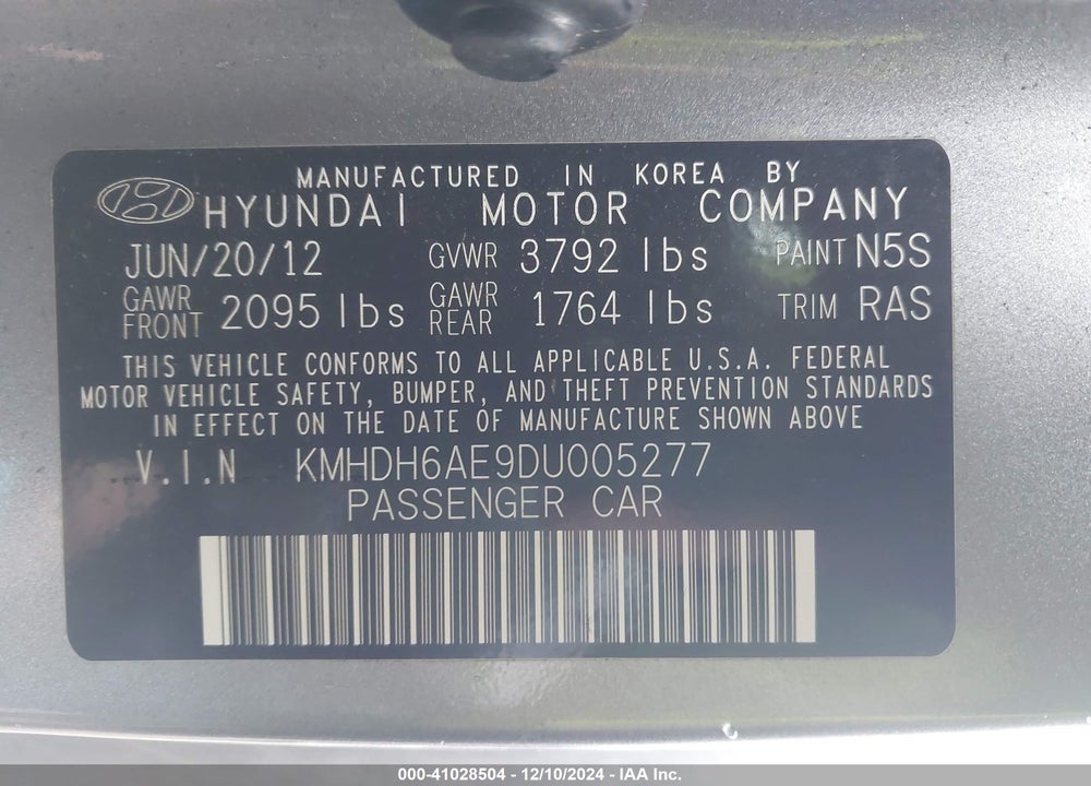 2013 HYUNDAI ELANTRA GS VIN: KMHDH6AE9DU005277