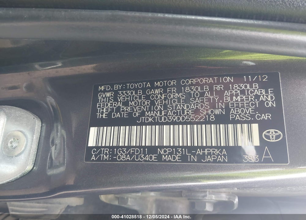 2013 TOYOTA YARIS SE VIN: JTDKTUD39DD552218
