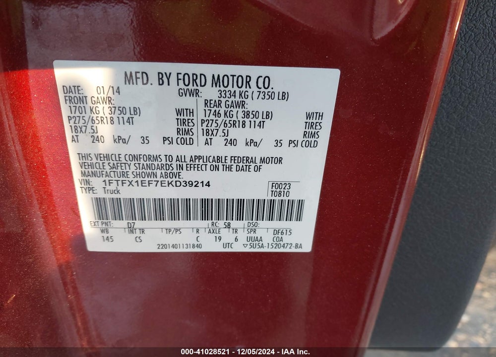 2014 FORD F-150 STX VIN: 1FTFX1EF7EKD39214