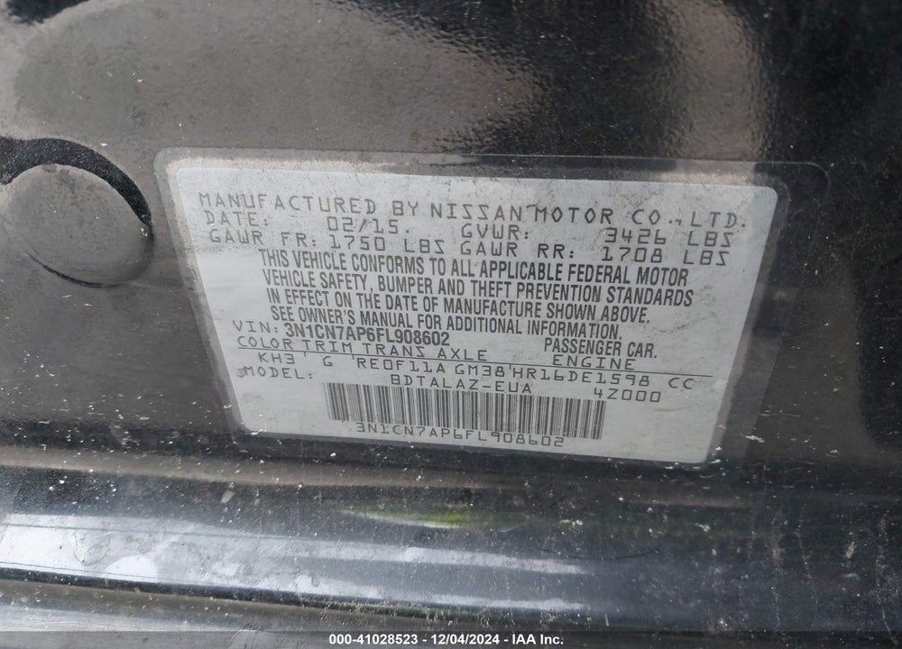 2015 NISSAN VERSA VIN: 3N1CN7AP6FL908602