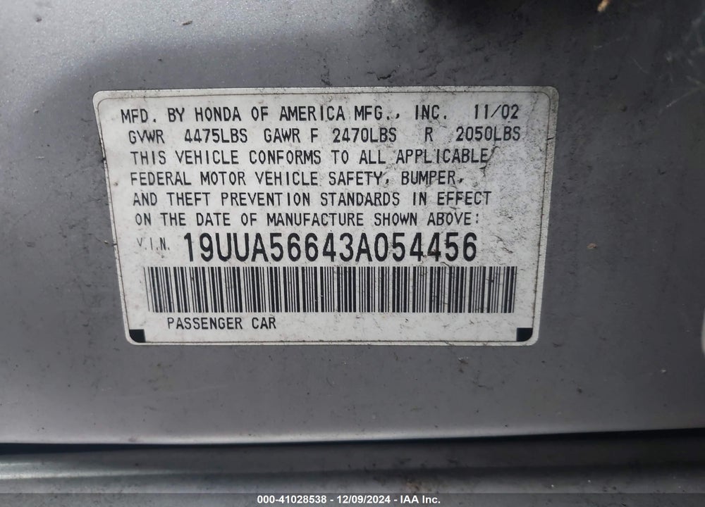 2003 ACURA TL 3.2 VIN: 19UUA56643A054456