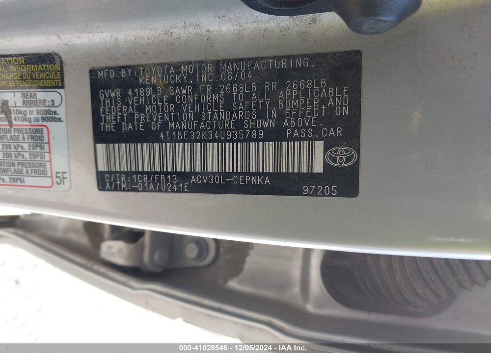 2004 TOYOTA CAMRY LE VIN: 4T1BE32K34U935789