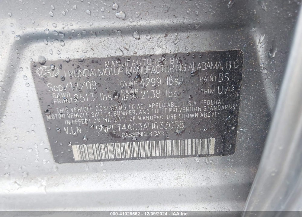 2010 HYUNDAI SONATA GLS VIN: 5NPET4AC3AH633058