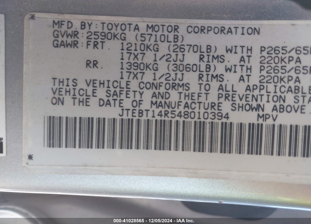 2004 TOYOTA 4RUNNER SR5 SPORT V8 VIN: JTEBT14R548010394