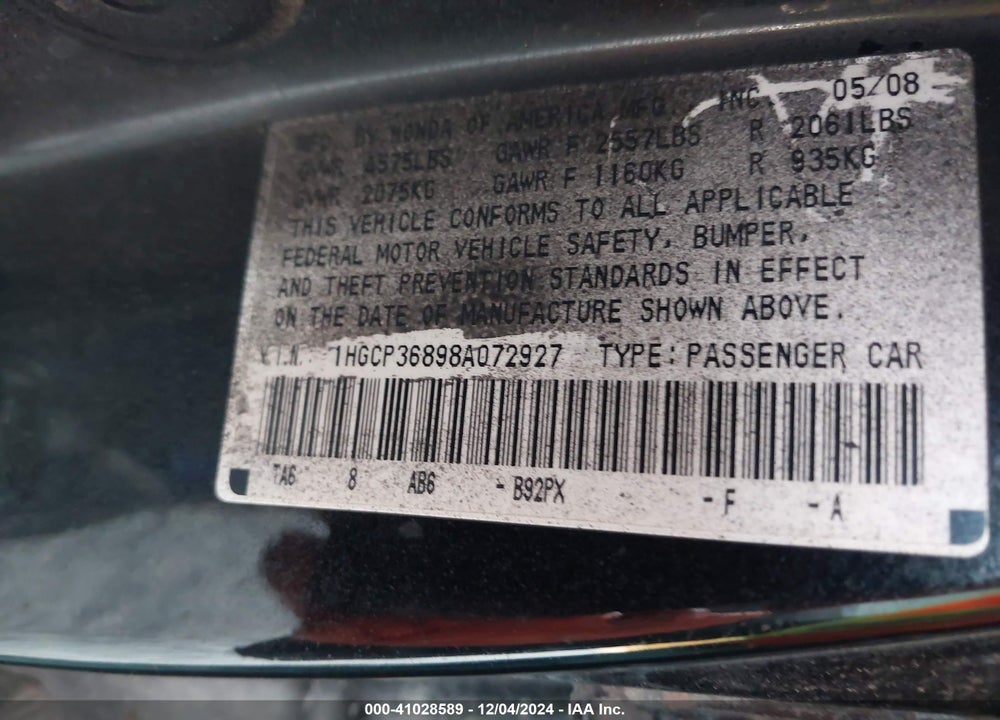 2008 HONDA ACCORD 3.5 EX-L VIN: 1HGCP36898A072927