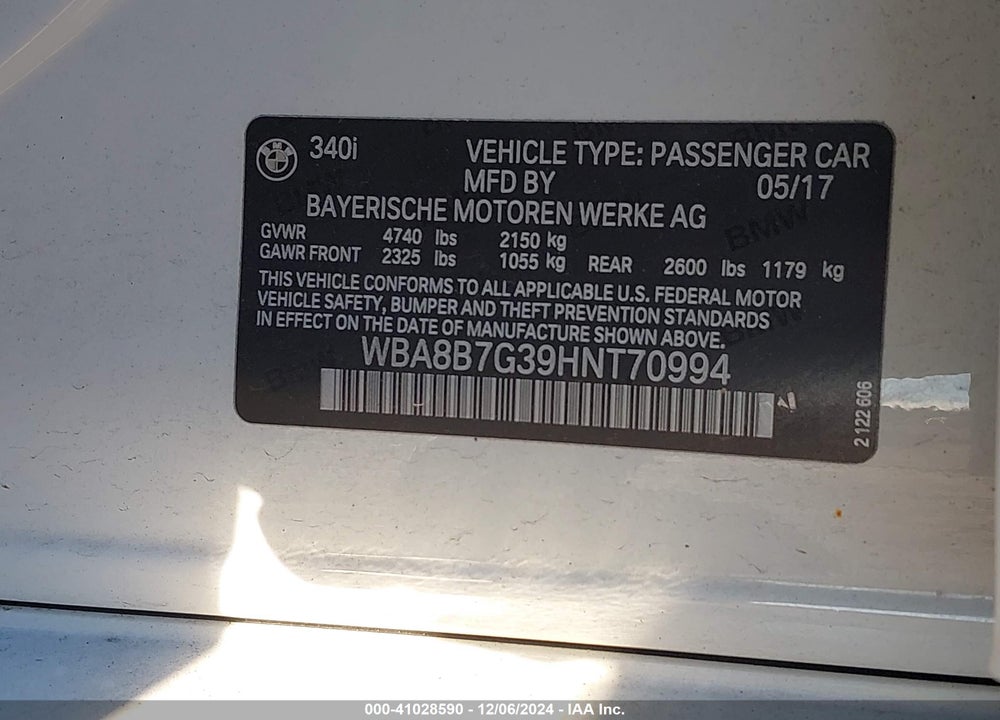 2017 BMW 340I XDRIVE VIN: WBA8B7G39HNT70994