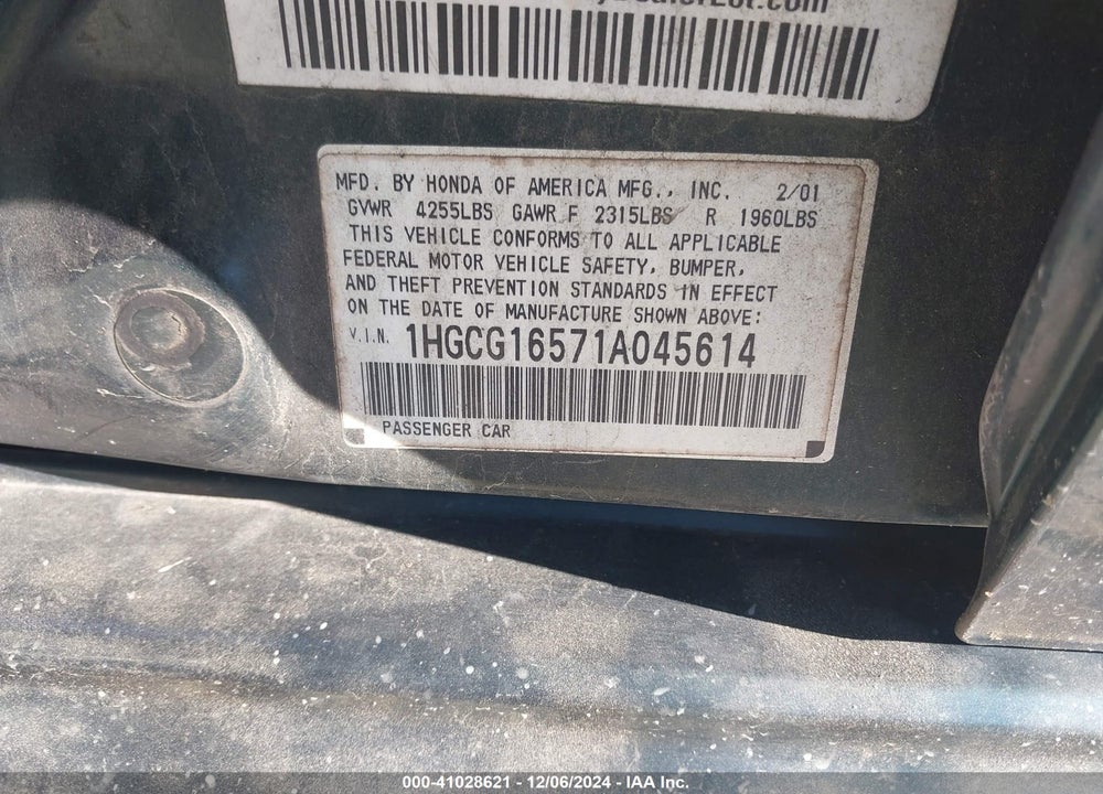2001 HONDA ACCORD VIN: 1HGCG16571A045614