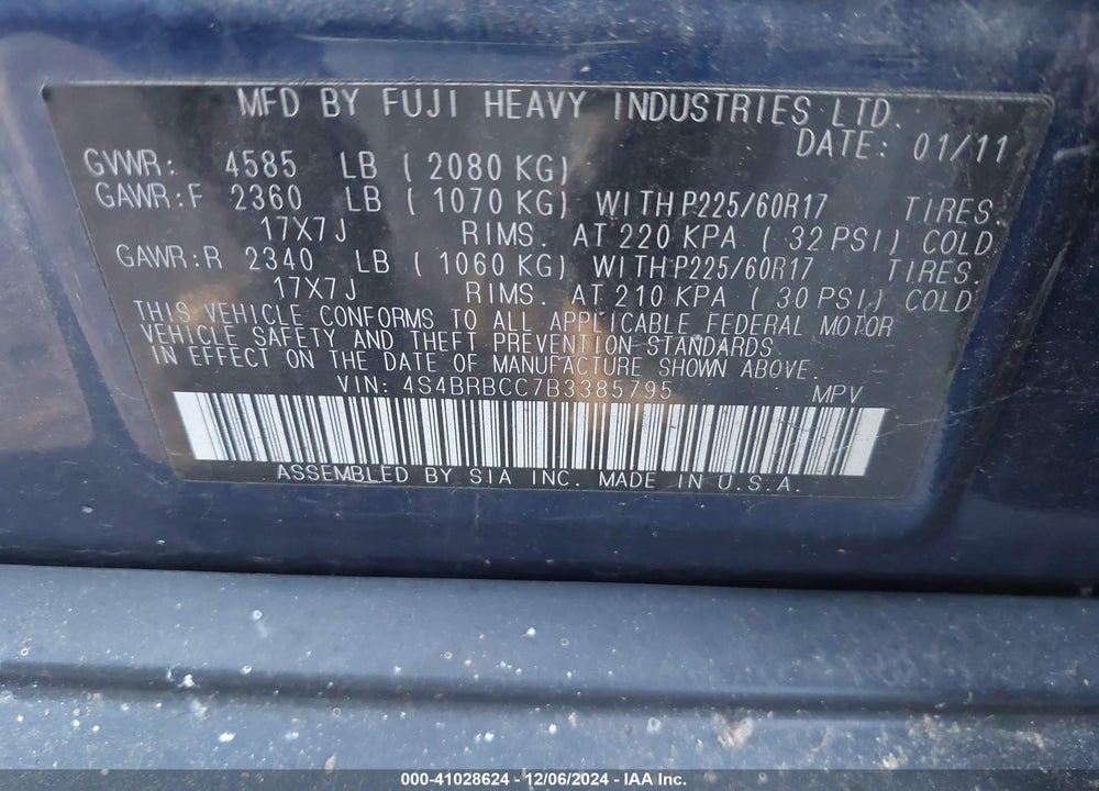 2011 SUBARU OUTBACK 2.5I PREMIUM VIN: 4S4BRBCC7B3385795