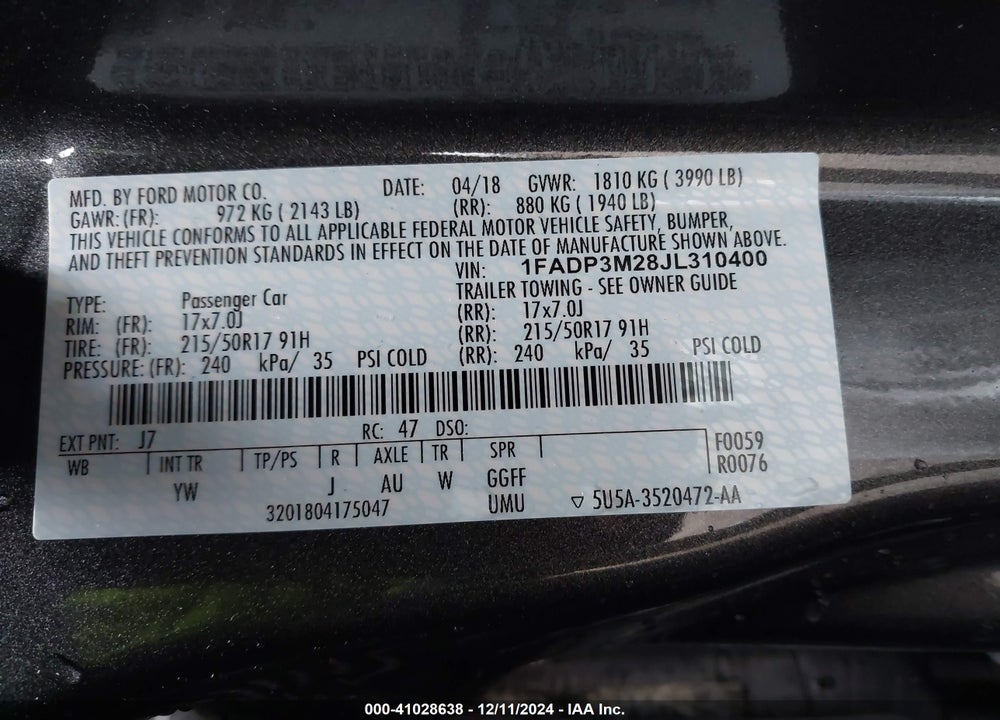 2018 FORD FOCUS SEL VIN: 1FADP3M28JL310400