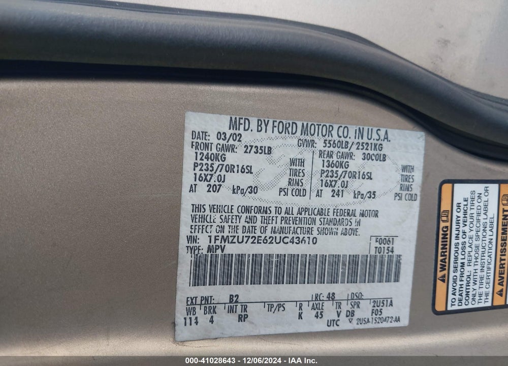 2002 FORD EXPLORER XLS VIN: 1FMZU72E62UC43610