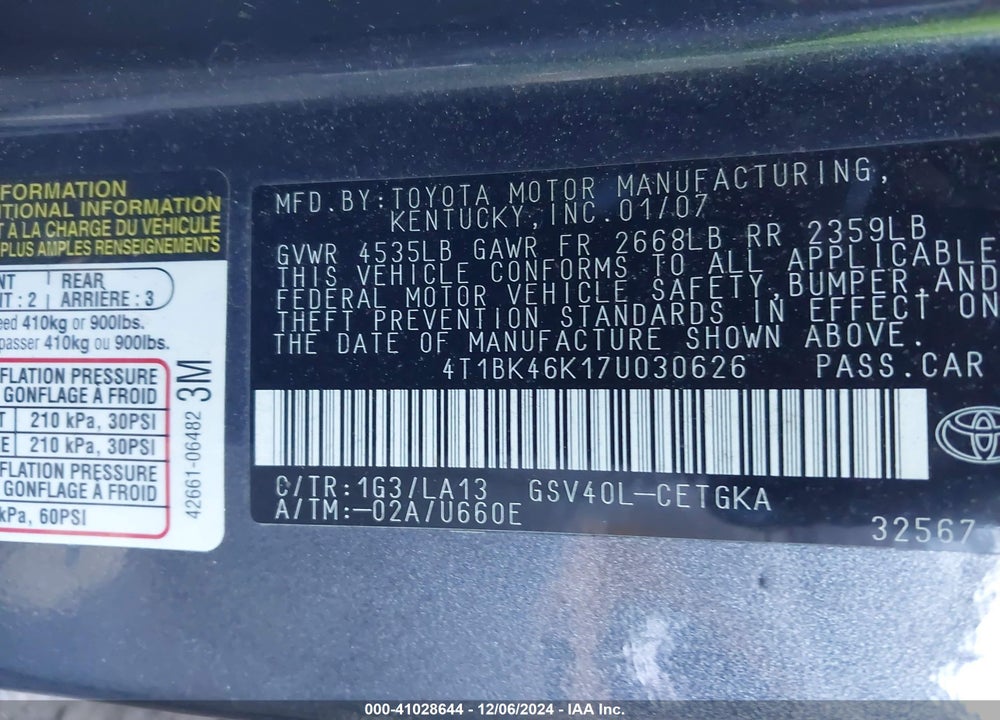 2007 TOYOTA CAMRY XLE V6 VIN: 4T1BK46K17U030626