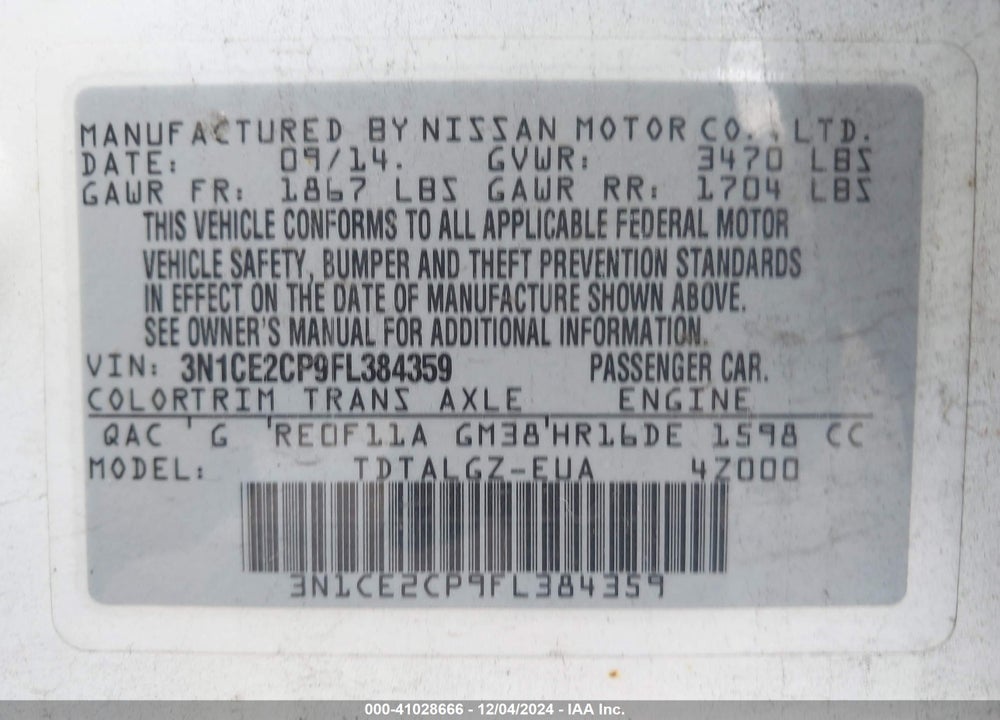 2015 NISSAN VERSA NOTE SR VIN: 3N1CE2CP9FL384359