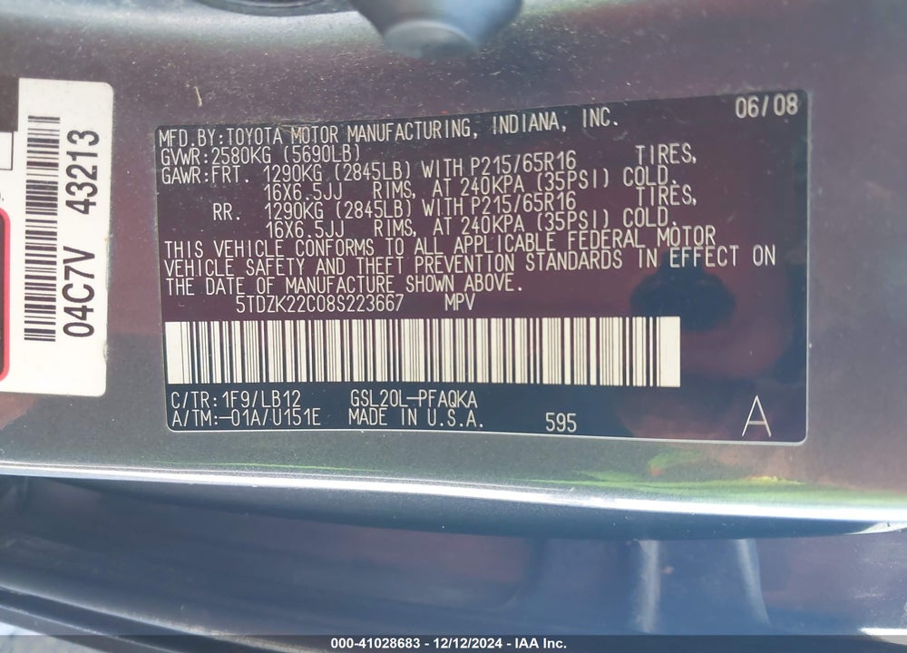 2008 TOYOTA SIENNA VIN: 5TDZK22C08S223667