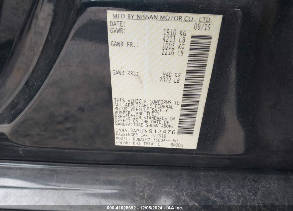2015 NISSAN ALTIMA 2.5 S VIN: 1N4AL3AP2FN912476