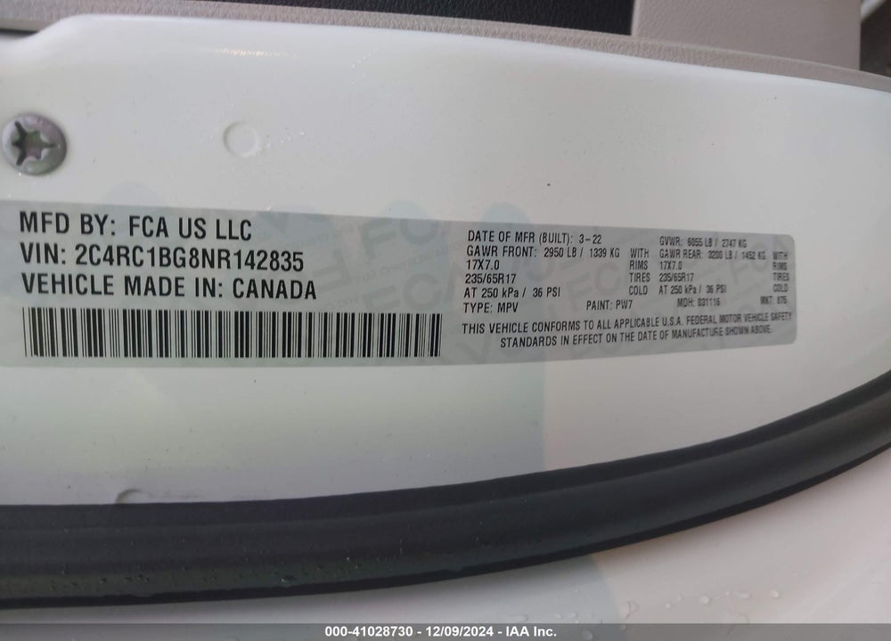 2022 CHRYSLER PACIFICA TOURING L VIN: 2C4RC1BG8NR142835