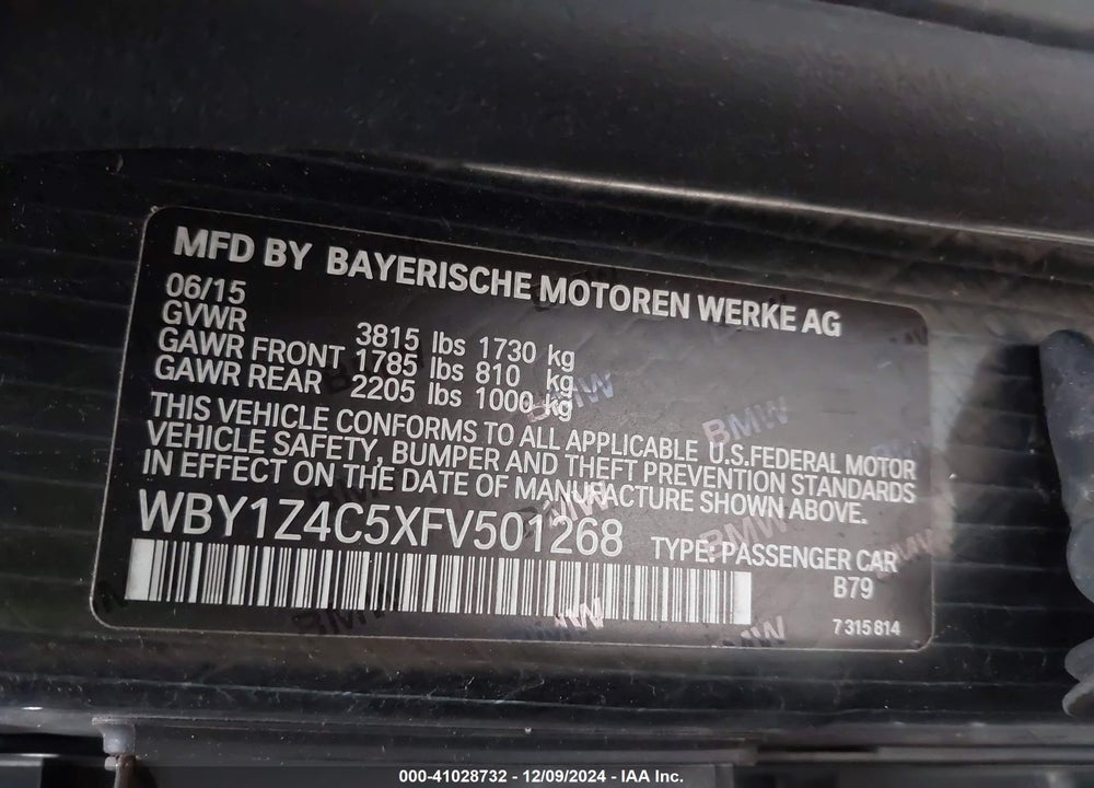 2015 BMW I3 BASE W/RANGE EXTENDER VIN: WBY1Z4C5XFV501268