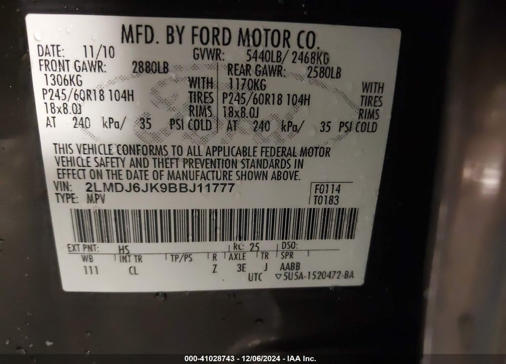2011 LINCOLN MKX VIN: 2LMDJ6JK9BBJ11777