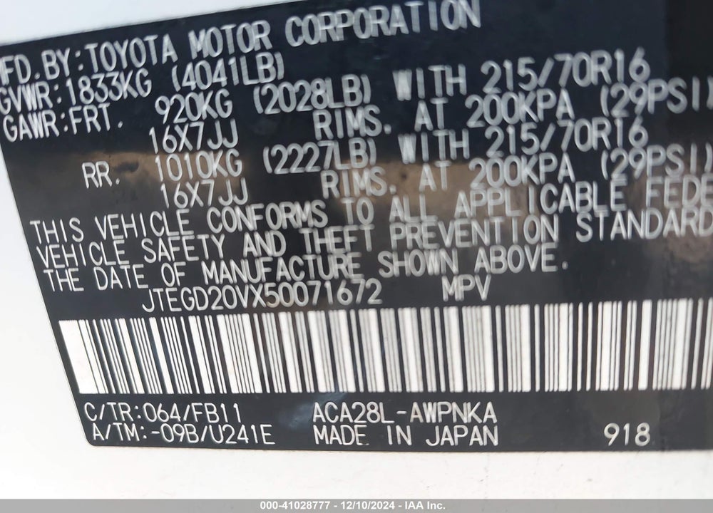 2005 TOYOTA RAV4 VIN: JTEGD20VX50071672
