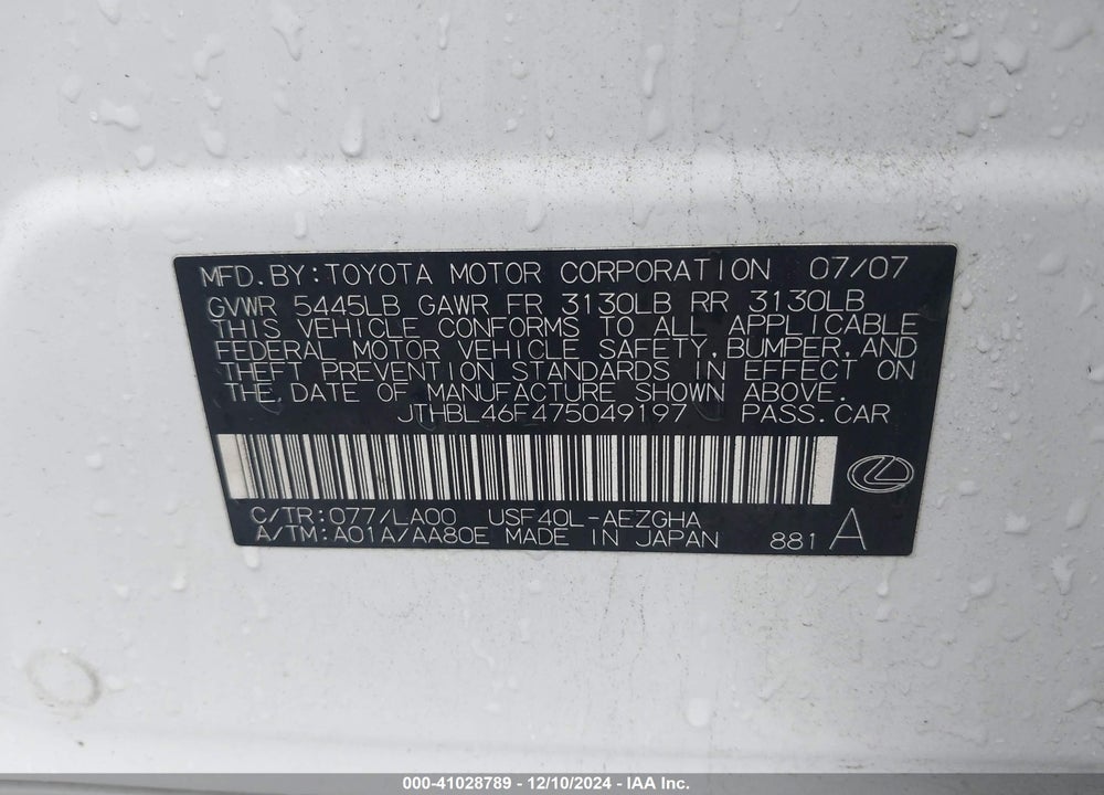 2007 LEXUS LS 460 VIN: JTHBL46F475049197