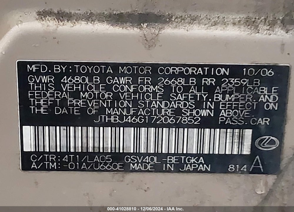 2007 LEXUS ES 350 VIN: JTHBJ46G172067852