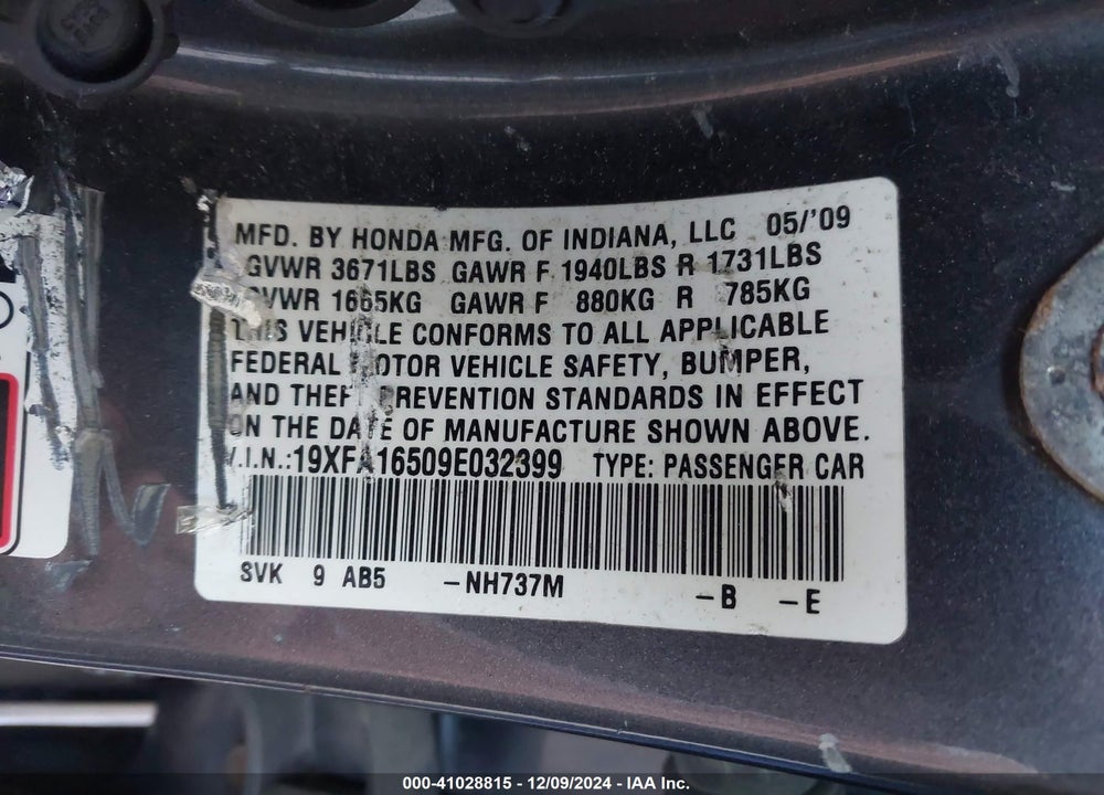 2009 HONDA CIVIC LX VIN: 19XFA16509E032399
