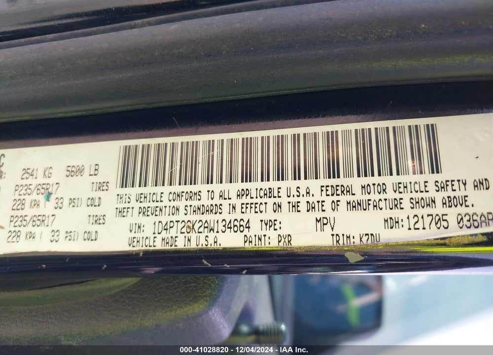 2010 DODGE NITRO SE VIN: 1D4PT2GK2AW134664