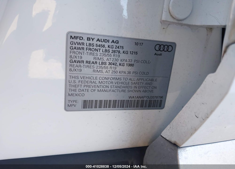 2018 AUDI Q5 2.0T PREMIUM/2.0T TECH PREMIUM VIN: WA1ANAFY3J2078796