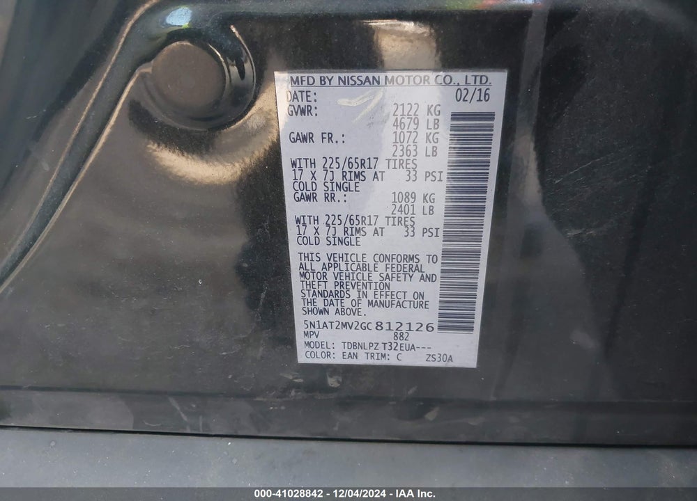2016 NISSAN ROGUE VIN: 5N1AT2MV2GC812126