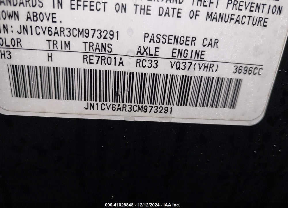 2012 INFINITI G37X VIN: JN1CV6AR3CM973291