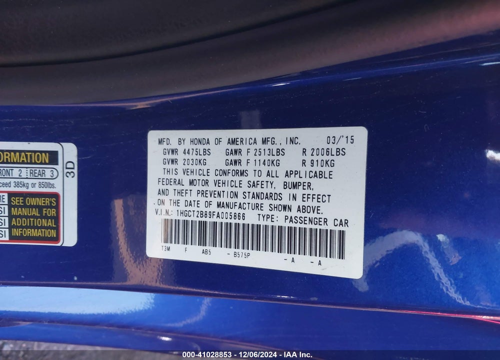 2015 HONDA ACCORD EX-L V-6 VIN: 1HGCT2B89FA005866