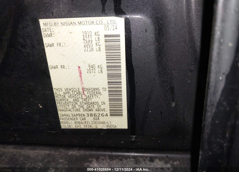 2014 NISSAN ALTIMA VIN: 1N4AL3AP9EN386264