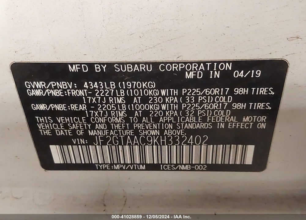 2019 SUBARU CROSSTREK 2.0I VIN: JF2GTAAC9KH332402