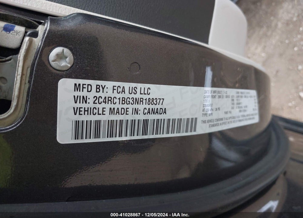 2022 CHRYSLER PACIFICA TOURING L VIN: 2C4RC1BG3NR188377
