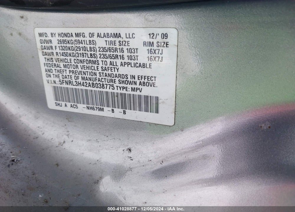 2010 HONDA ODYSSEY EX VIN: 5FNRL3H42AB038775