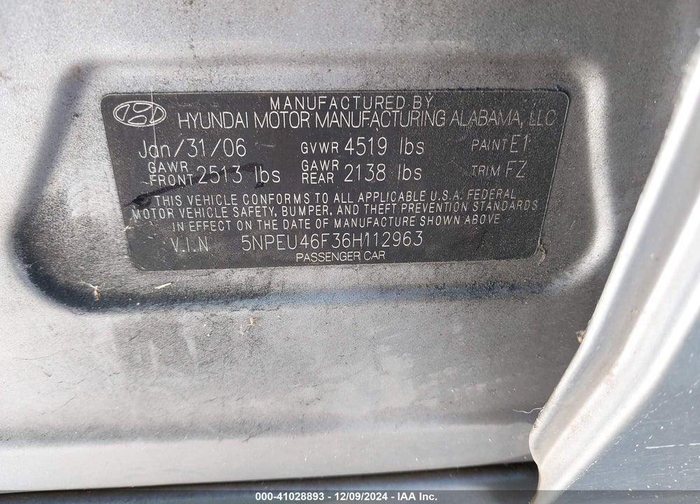 2006 HYUNDAI SONATA GLS V6/LX V6 VIN: 5NPEU46F36H112963