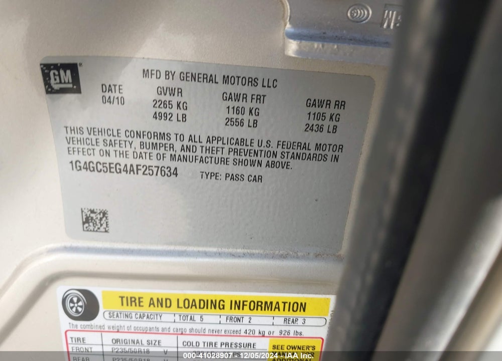 2010 BUICK LACROSSE VIN: 1G4GC5EG4AF257634