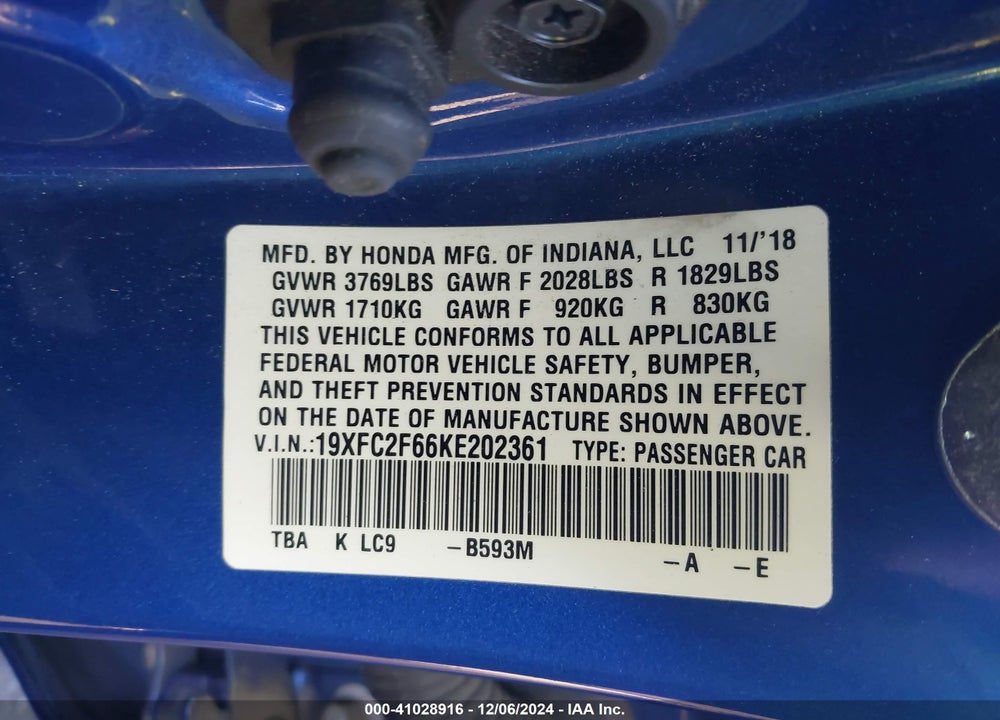 2019 HONDA CIVIC LX VIN: 19XFC2F66KE202361
