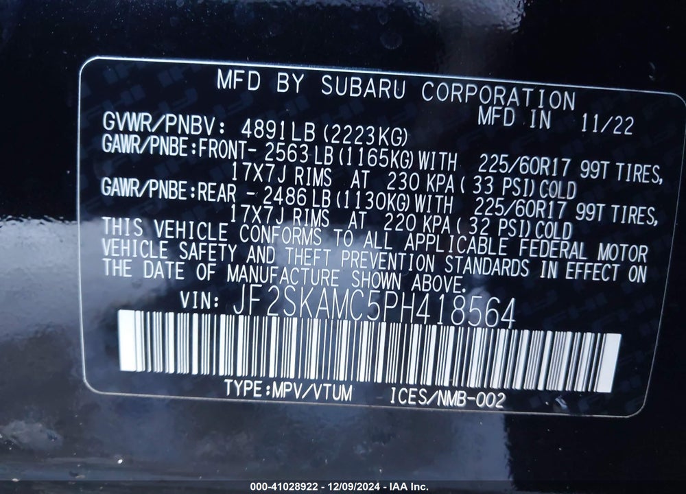 2023 SUBARU FORESTER WILDERNESS VIN: JF2SKAMC5PH418564