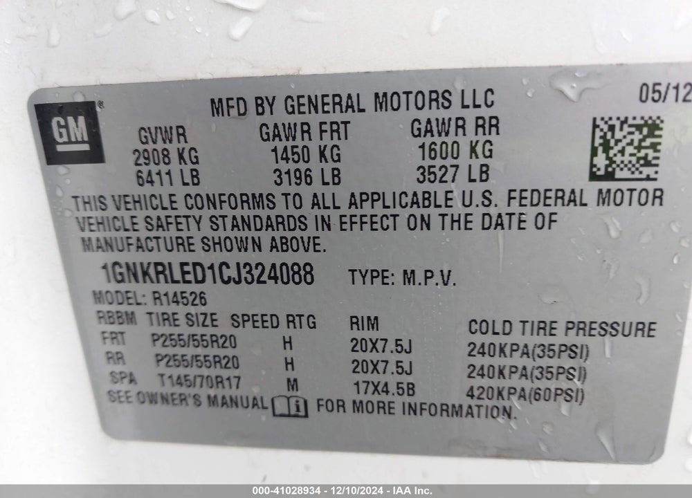 2012 CHEVROLET TRAVERSE LTZ VIN: 1GNKRLED1CJ324088
