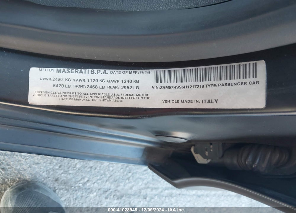 2017 MASERATI GHIBLI VIN: ZAM57RSS6H1217218