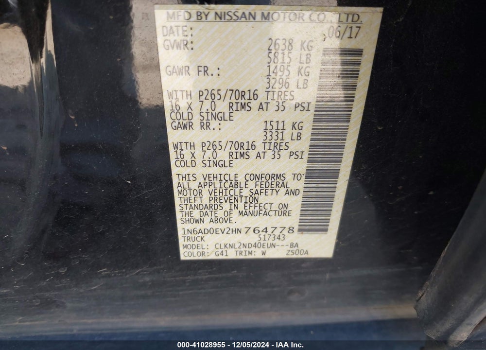 2017 NISSAN FRONTIER SV VIN: 1N6AD0EV2HN764778