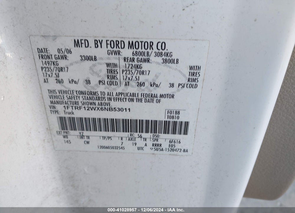 2006 FORD F150 VIN: 1FTRF12WX6NB53011