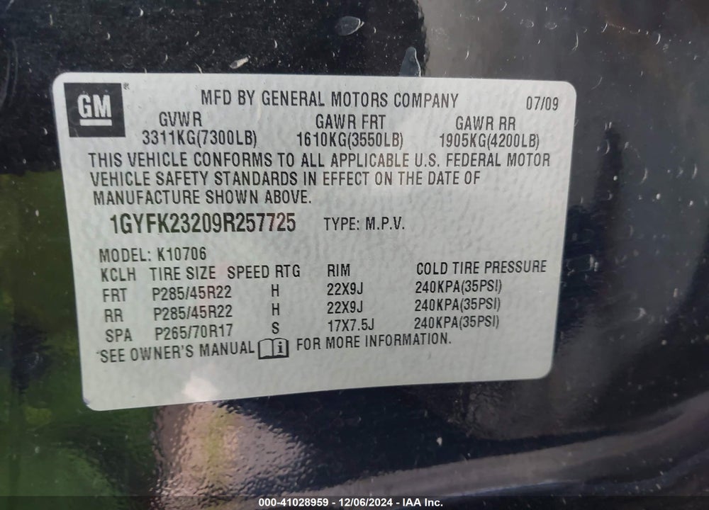 2009 CADILLAC ESCALADE STANDARD VIN: 1GYFK23209R257725
